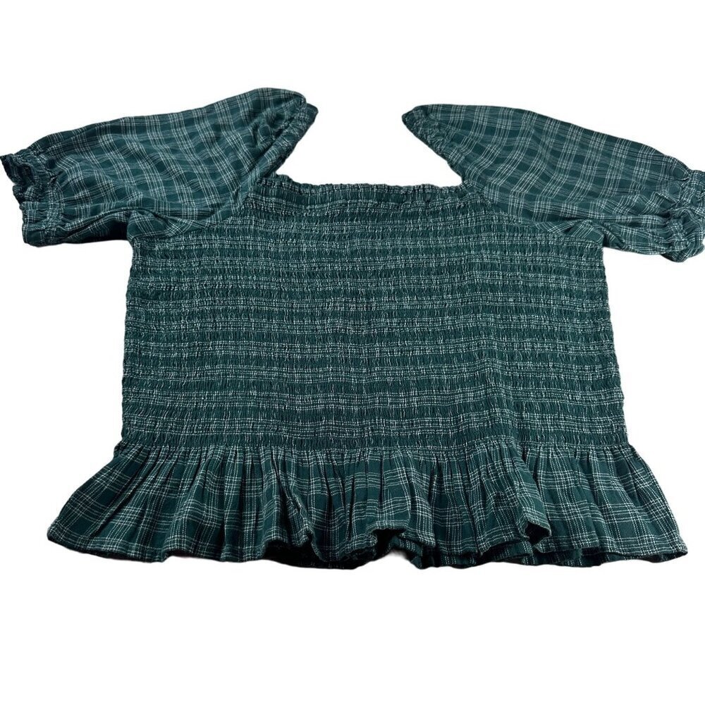 J Crew Reimagined Flannel Smocked Blouse Women Plaid Peplum Top Puffed Sleeve